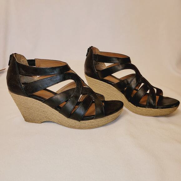 Jaclyn Smith black wedge cage straps espadrille sandals size 10 Y2K minimal - Picture 1 of 6